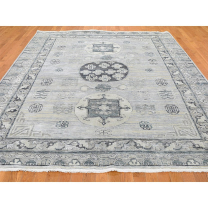 7'9"X9'10" Pure Silk With Textured Wool Khotan Design Hand Knotted Rug