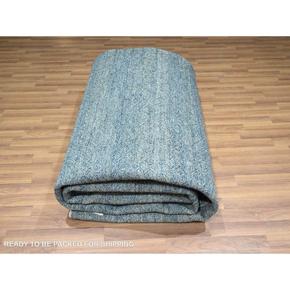 9'X12'1" Yale Blue Geometric Diamond Design Pure Wool Hand Knotted Rug