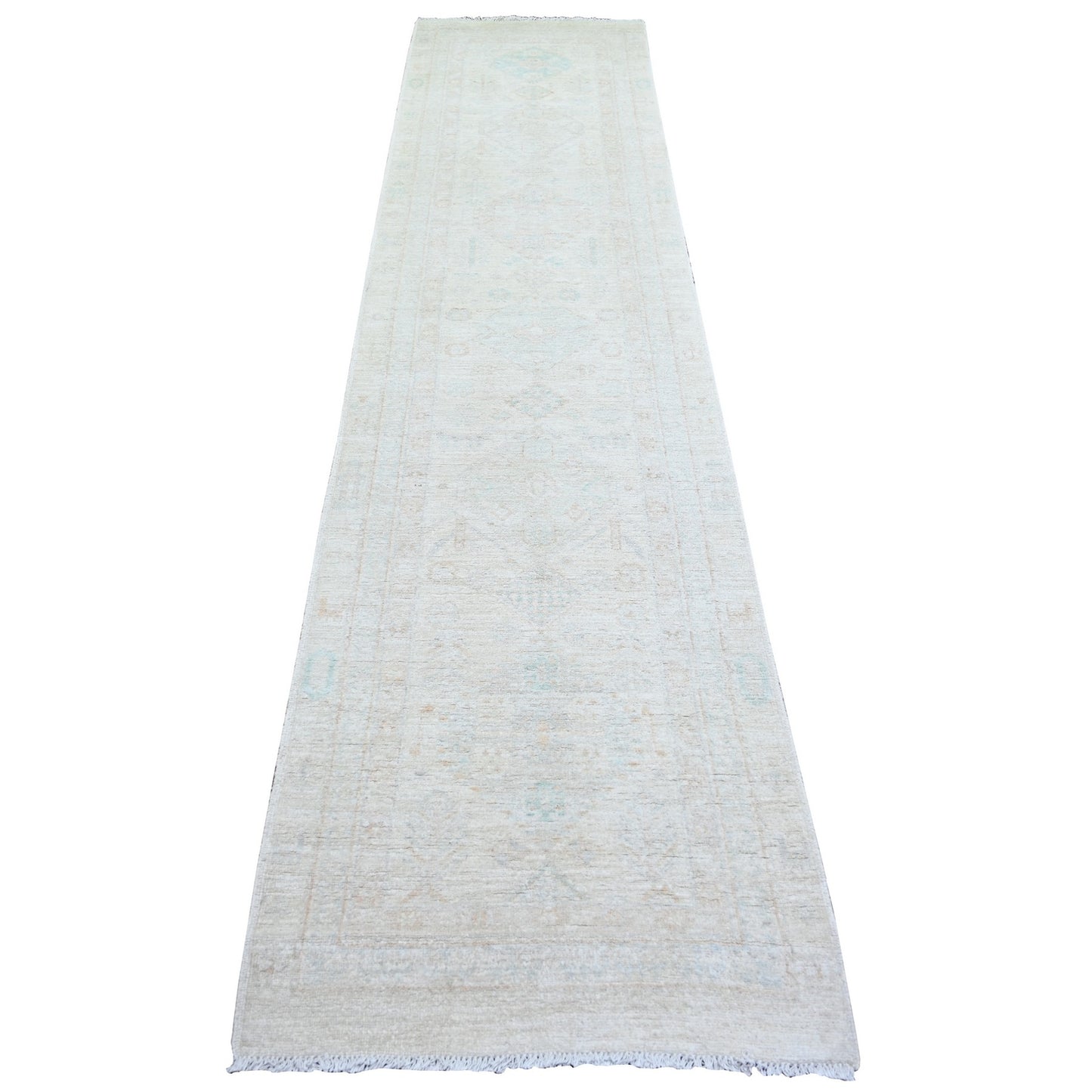 2'7"X11'3" White Wash Peshawar Wool Hand Knotted Runner Oriental Rug
