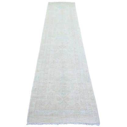 2'7"X11'3" White Wash Peshawar Wool Hand Knotted Runner Oriental Rug