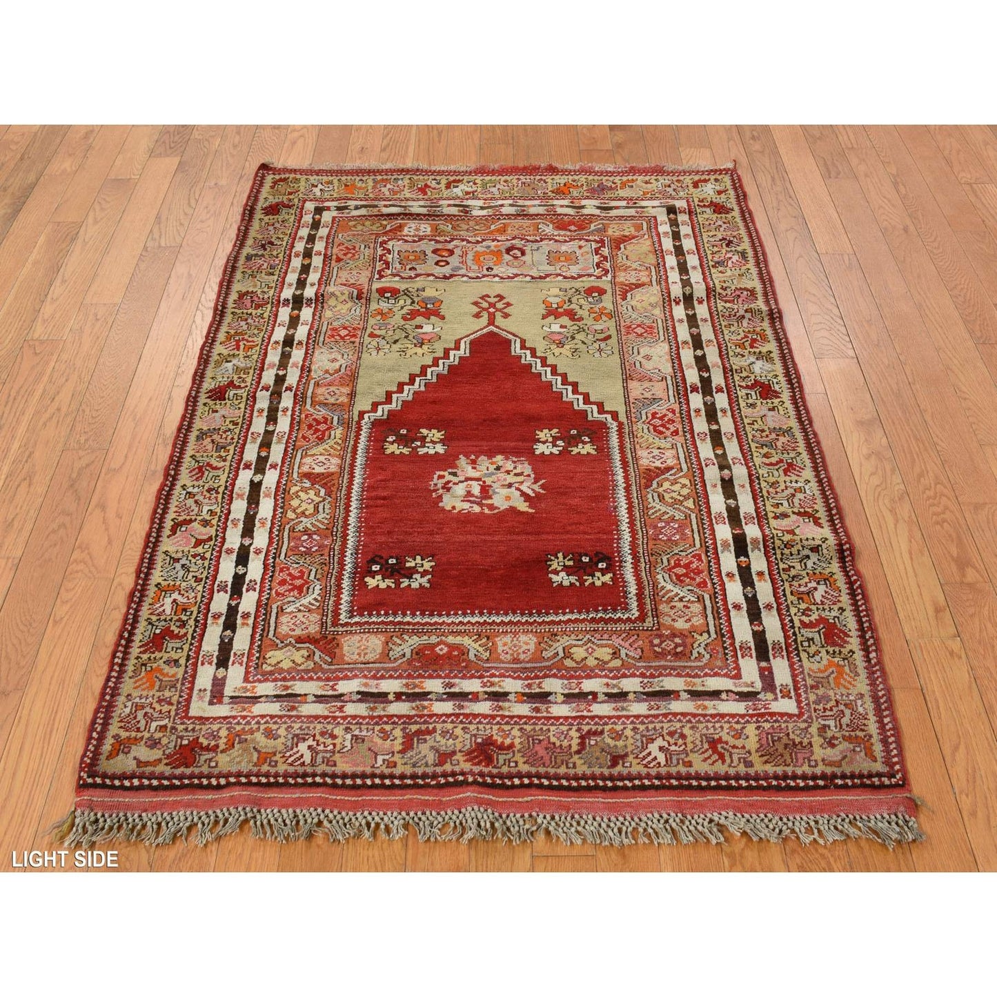 3'10"X5'4" Red Hand Knotted Antique Bergama Prayer Soft Wool Oriental Rug