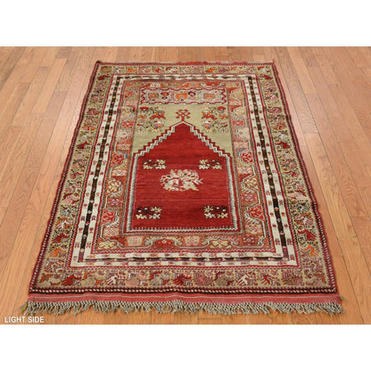 3'10"X5'4" Red Hand Knotted Antique Bergama Prayer Soft Wool Oriental Rug