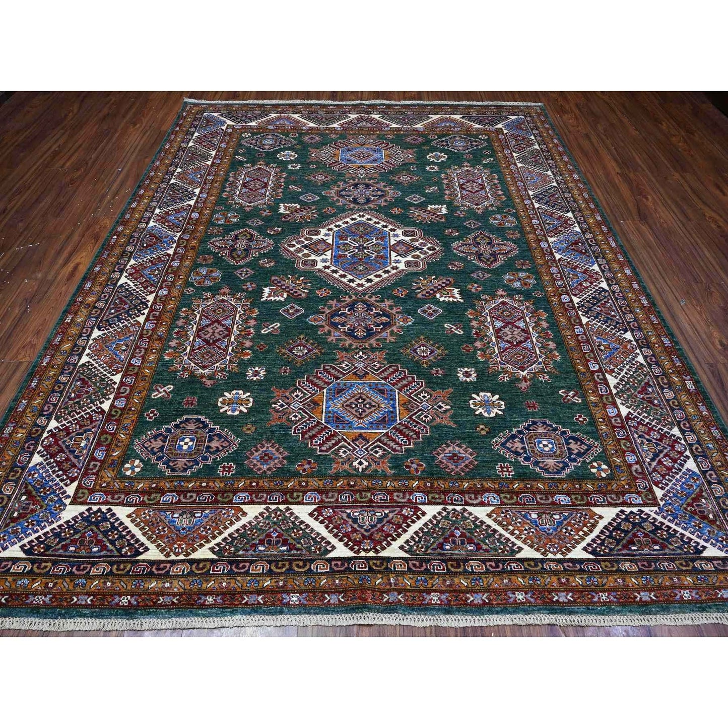 8'3"X10' Green Hand Knotted Super Kazak Tribal Elements Wool Oriental Rug