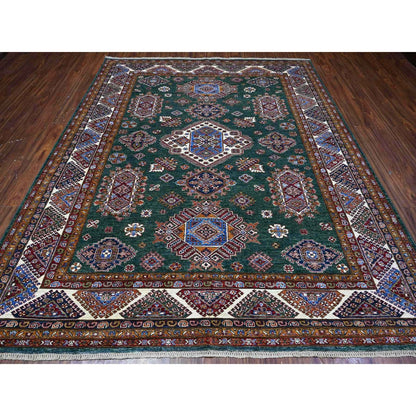 8'3"X10' Green Hand Knotted Super Kazak Tribal Elements Wool Oriental Rug