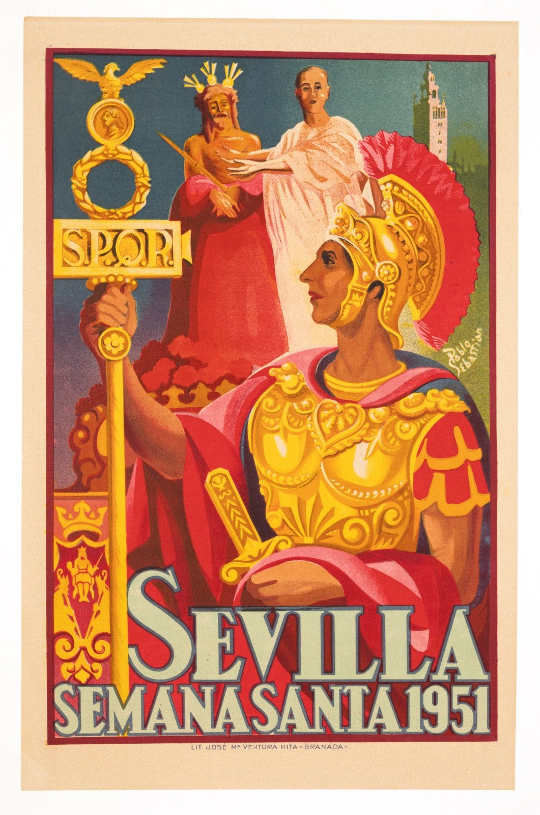 Semana Santa Sevilla Pablo Sebastian Litho 1951 Spanish Travel Poster