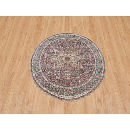5'X5' Garnet Red Heriz Revival Pure Wool Hand Knotted Round Oriental Rug