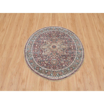 5'X5' Garnet Red Heriz Revival Pure Wool Hand Knotted Round Oriental Rug