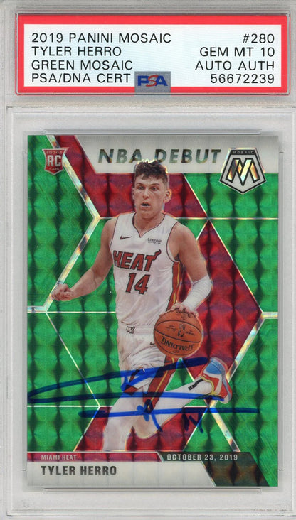 Tyler Herro Autographed 2019 Panini Mosaic Green Prizm Rookie Card #280 (Psa)