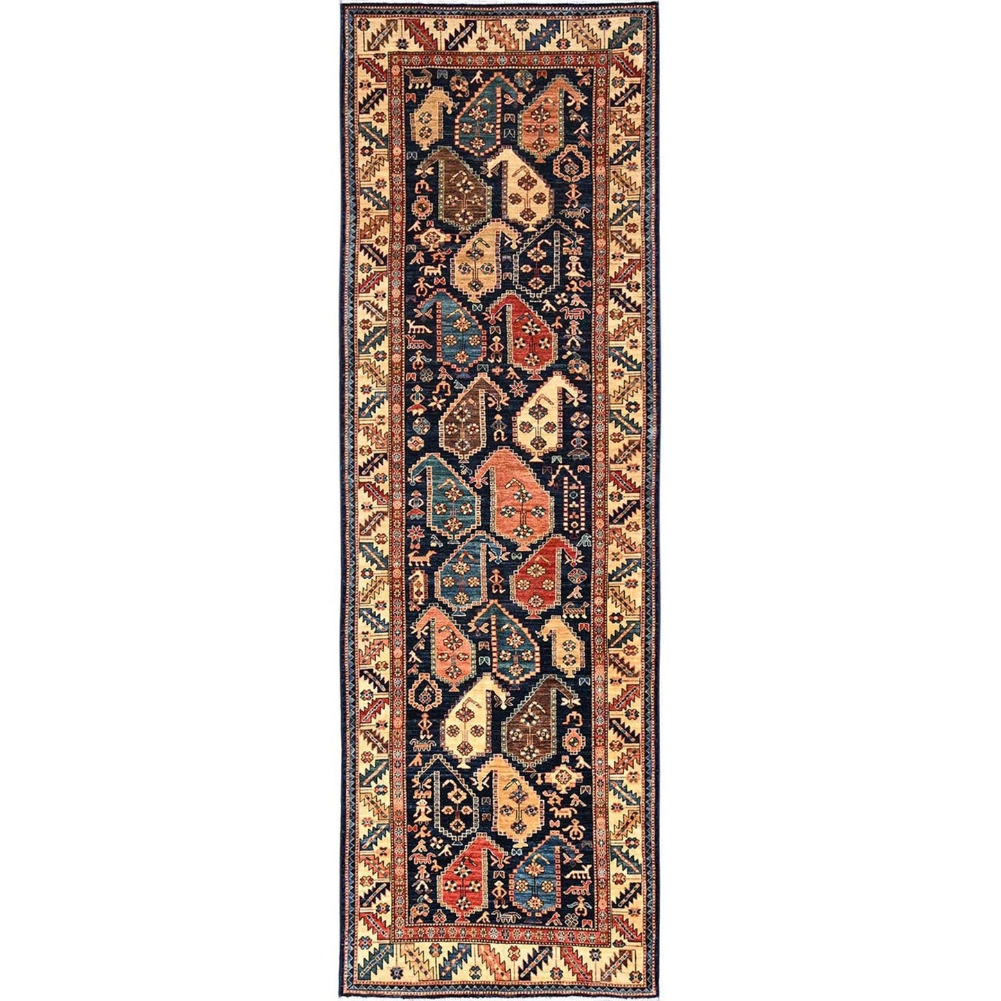 3'10"X13'2" Midnight Blue Northwest Zoroastrian Hand Knotted All Wool Runner