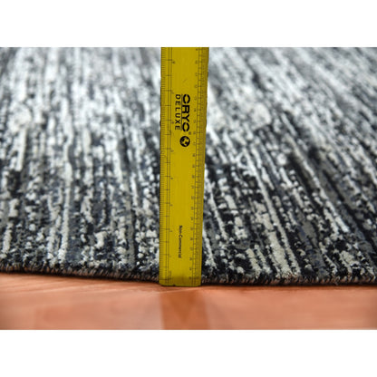 10'X10' Black Striae Design Wool And Silk Hand Knotted Round Rug