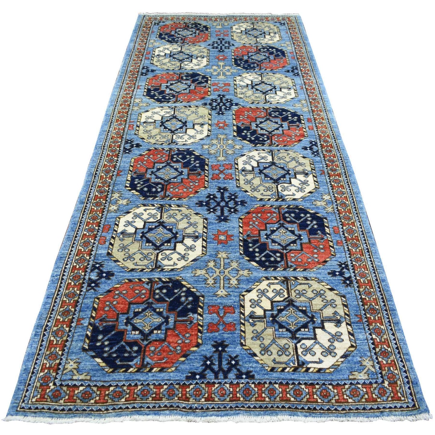 4'6"X10' Blue Soft Wool Hand Knotted Afghan Ersari Wide Runner Rug