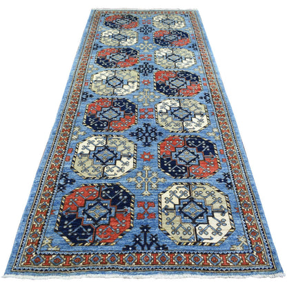 4'6"X10' Blue Soft Wool Hand Knotted Afghan Ersari Wide Runner Rug