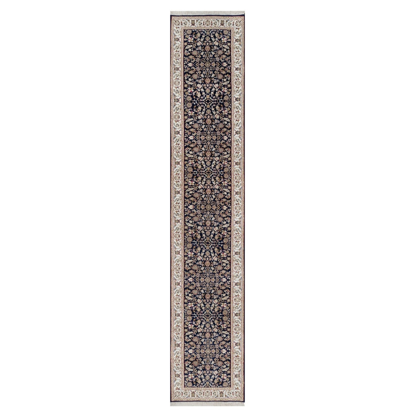 2'6"X13'3" Blue Nain Flower Design Wool And Silk Hand Knotted Runner Rug