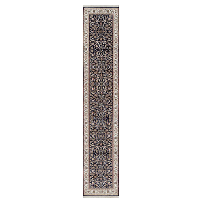 2'6"X13'3" Blue Nain Flower Design Wool And Silk Hand Knotted Runner Rug