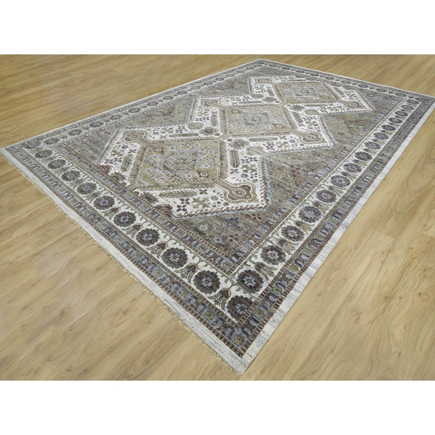 12'X17'10" Ivory Hand Knotted Rosettes Border Wool Oversize Oriental Rug
