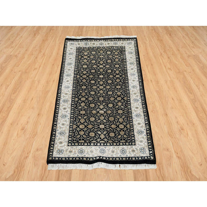 2'4"X4'7" Black Herrita Design 250 Kpsi Organic Wool Hand Knotted Rug