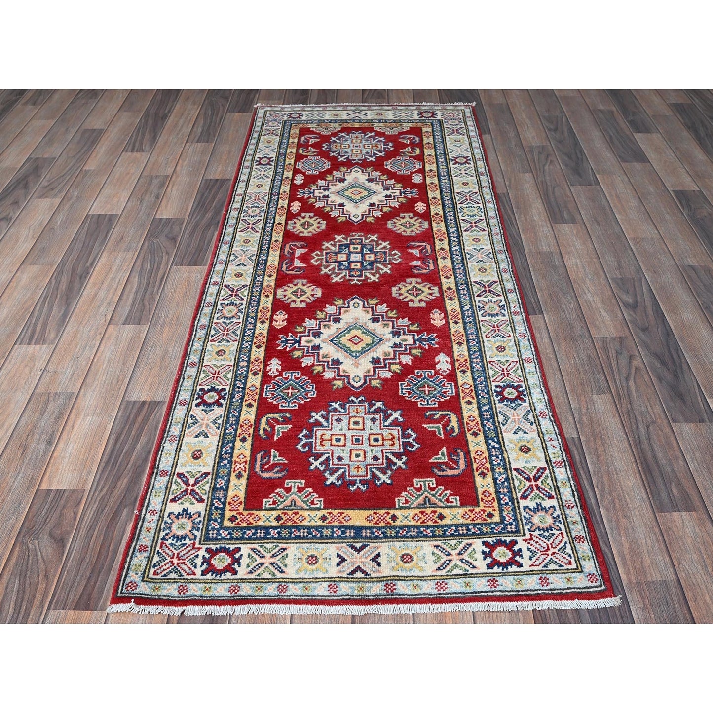 2'7"X6'7" Red Kazak With Geometric Design Soft Wool Hand Knotted Runner Rug