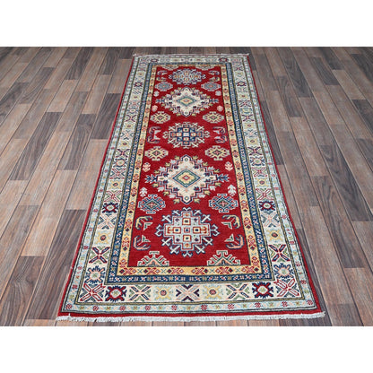 2'7"X6'7" Red Kazak With Geometric Design Soft Wool Hand Knotted Runner Rug