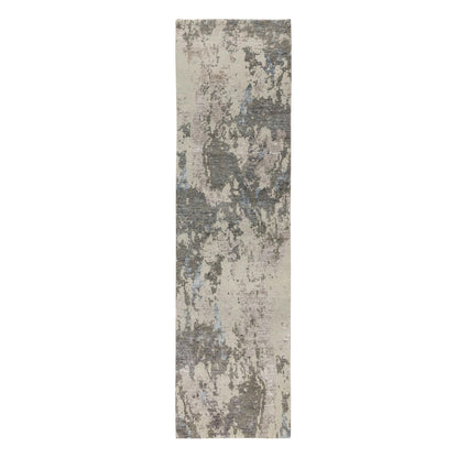 2'8"X10' Gray Abstract Design Wool And Silk Runner Hand Knotted Rug