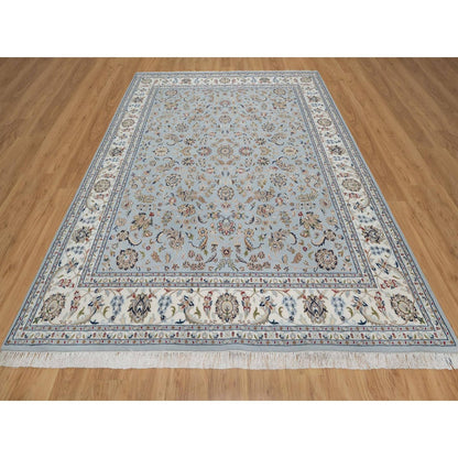 8'2"X10'5" Slate Blue Nain Flower Design Hand Knotted Wool And Silk Rug