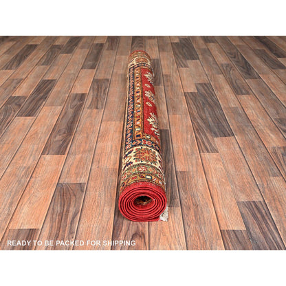 4'3"X6' Red Afghan Super Kazak Medallions Design Hand Knotted Wool Rug