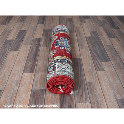 2'8"X9'6" Red Kazak With Geometric Design Hand Knotted Soft Wool Runner Rug