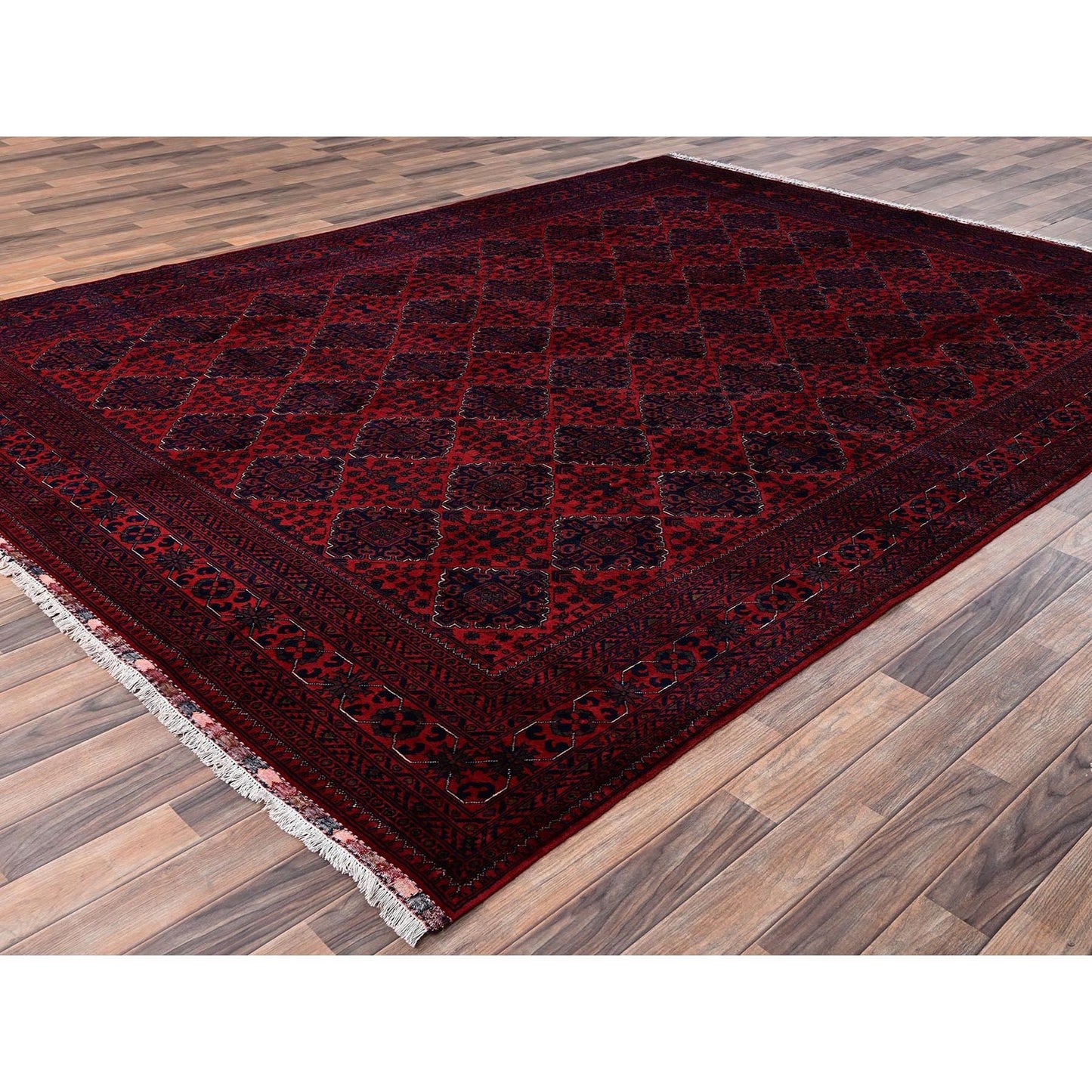 Rug 8'5"x11'2" Red Hand Knotted Afghan Khamyab with Geometric Pattern Wool