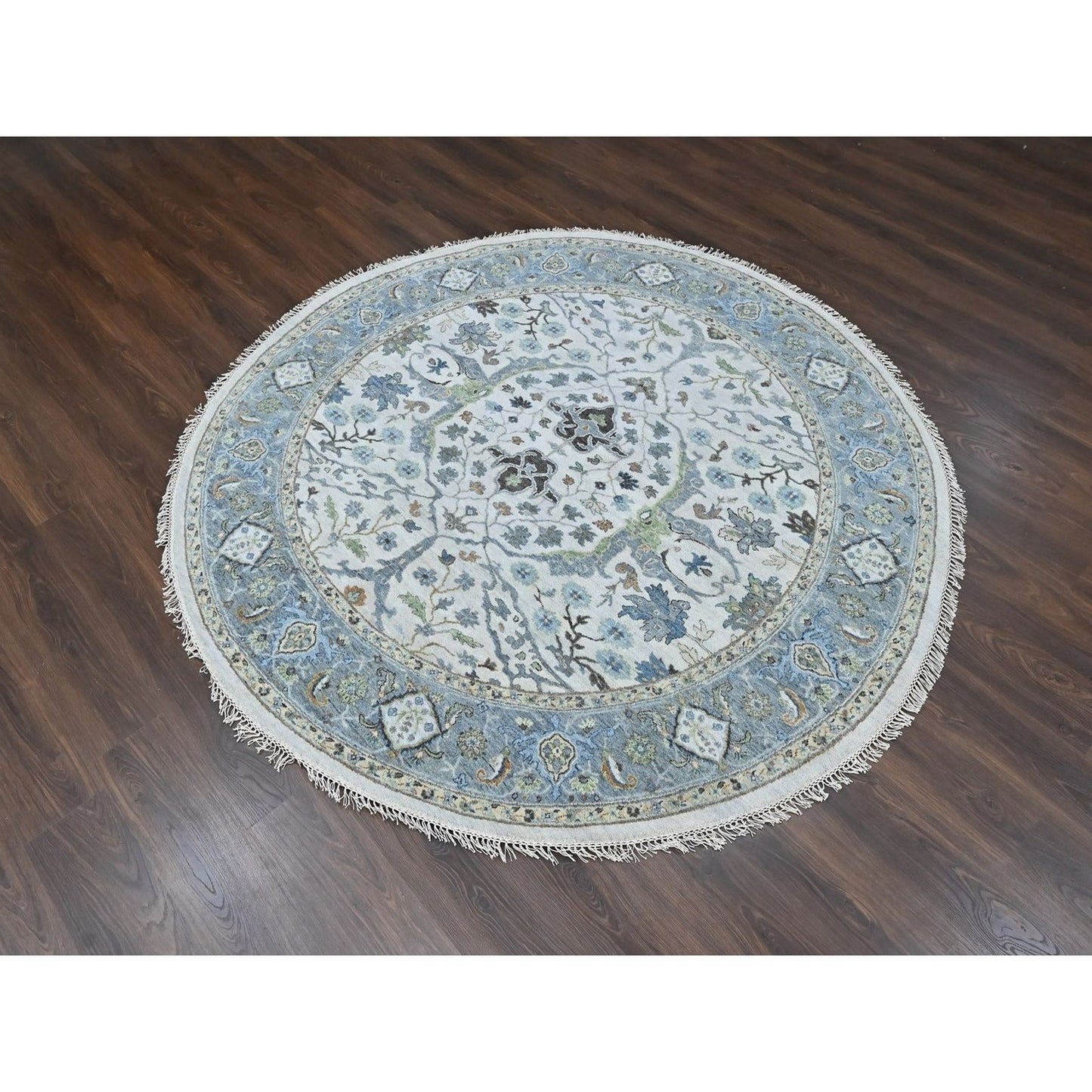 Oushak rug round wool hand knotted floral motifs 8'x8' gray oyster