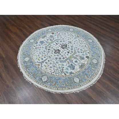 Oushak rug round wool hand knotted floral motifs 8'x8' gray oyster
