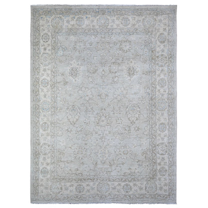 8'10"X11'10" Goose Gray Hand Knotted Pure Wool White Wash Peshawar Rug