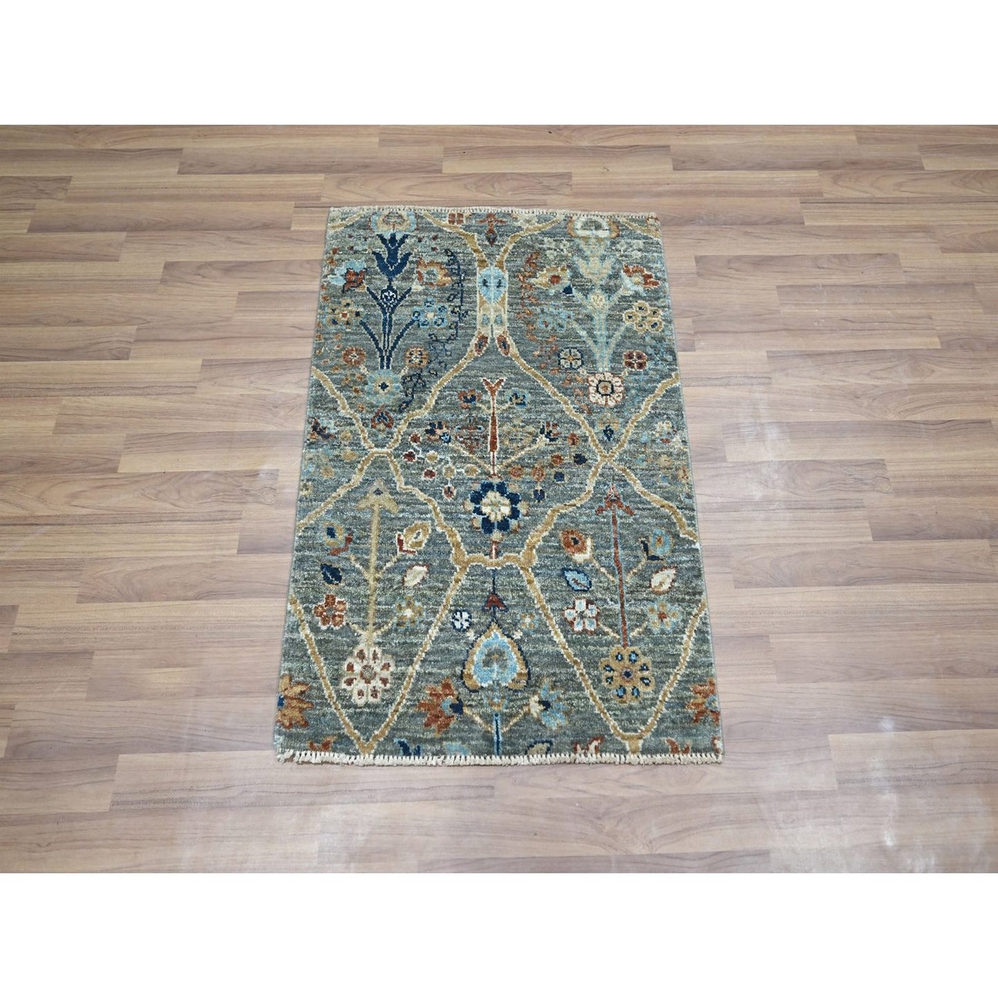 2'X3' Green Hand Knotted Mat Wool Rug Trellis Borderless Garden Design