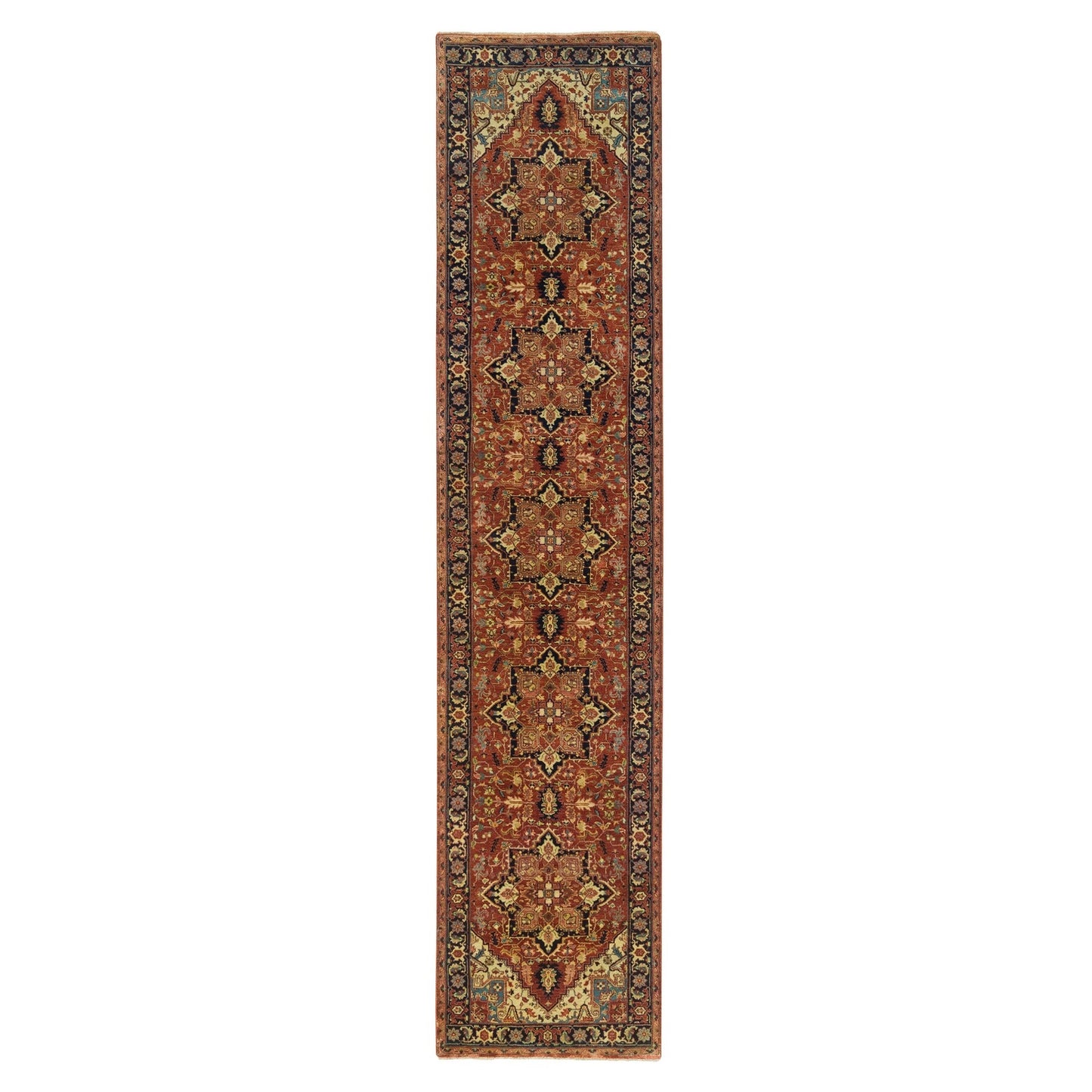 2'7"X12'1" Red Hand Knotted Heris Re-Creation Organic Wool Runner Rug