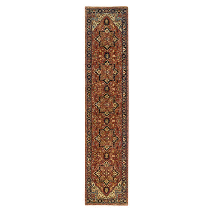 2'7"X12'1" Red Hand Knotted Heris Re-Creation Organic Wool Runner Rug