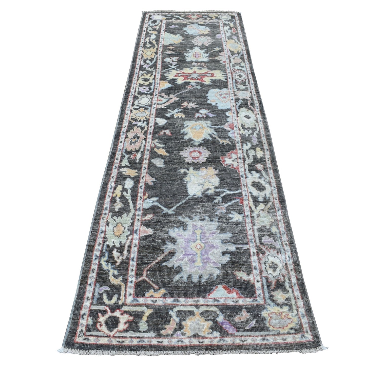 2'9"X9'9" Shiny Wool Hand Knotted Black Angora Oushak Oriental Runner Rug