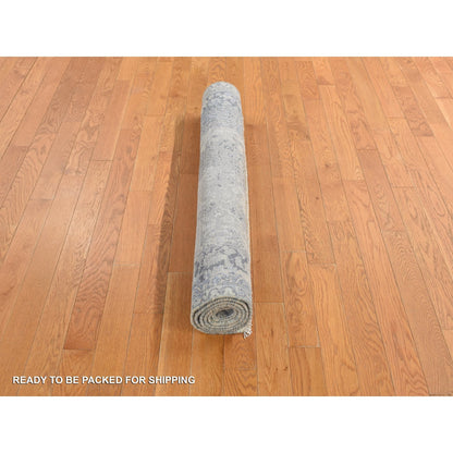 4'X6' Spruce Blue Wool & Pure Silk Erased Zoroastrian Design Oriental Rug