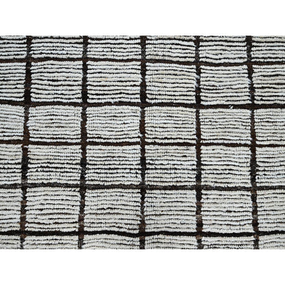 9'7"X11'8" White Moroccan Weave With Grid Design All Wool Hand Knotted Rug