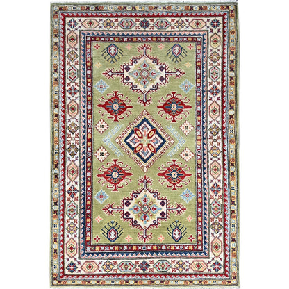4'1"X5'10" Green Natural Dyes Soft Wool Hand Knotted Kazak Oriental Rug