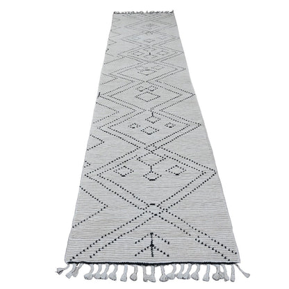 3'X12'8" White Geometric Moroccan Weave Soft Wool Hand Knotted Runner Rug