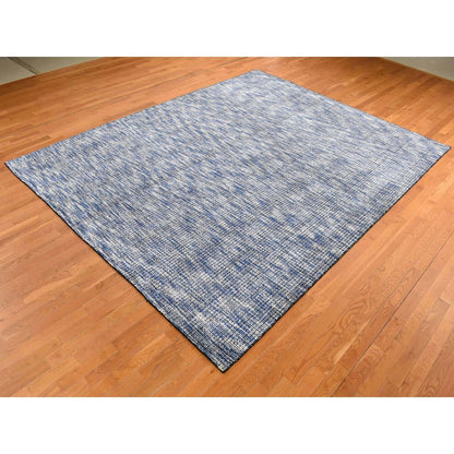 9'2"X12' Steel Blue Modern Fence Design Wool And Art Silk Hand Loomed Rug