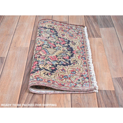 1'9"X1'9" Colorful Old Farsian Karman Worn Wool Hand Knotted Square Rug
