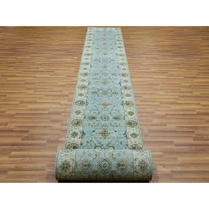 2'8"X29'9" Blue Hand Knotted Shiny Wool Shah Abbas Xl Runner Rug