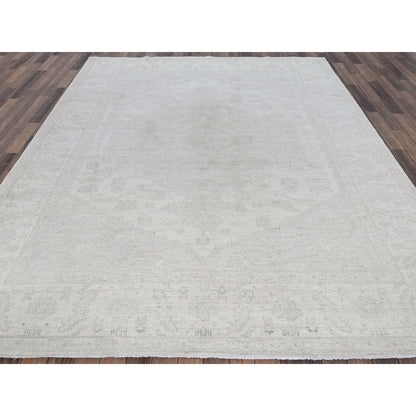8'X9'9" Bone White Washed Out Peshawar Hand Knotted Pure Wool Oriental Rug