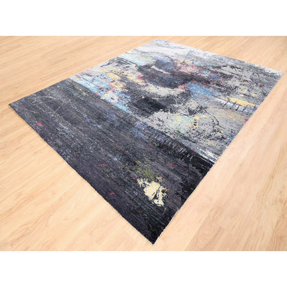 8'X10' Charcoal Black With Pop Of Colors Modern Wool-Silk Handknotted Rug