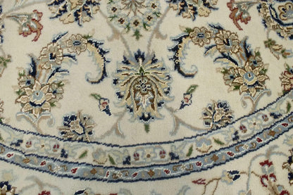 Extra Fine Hand-Knotted Indo-Nain Round Rug 6X6 ft Cream Floral