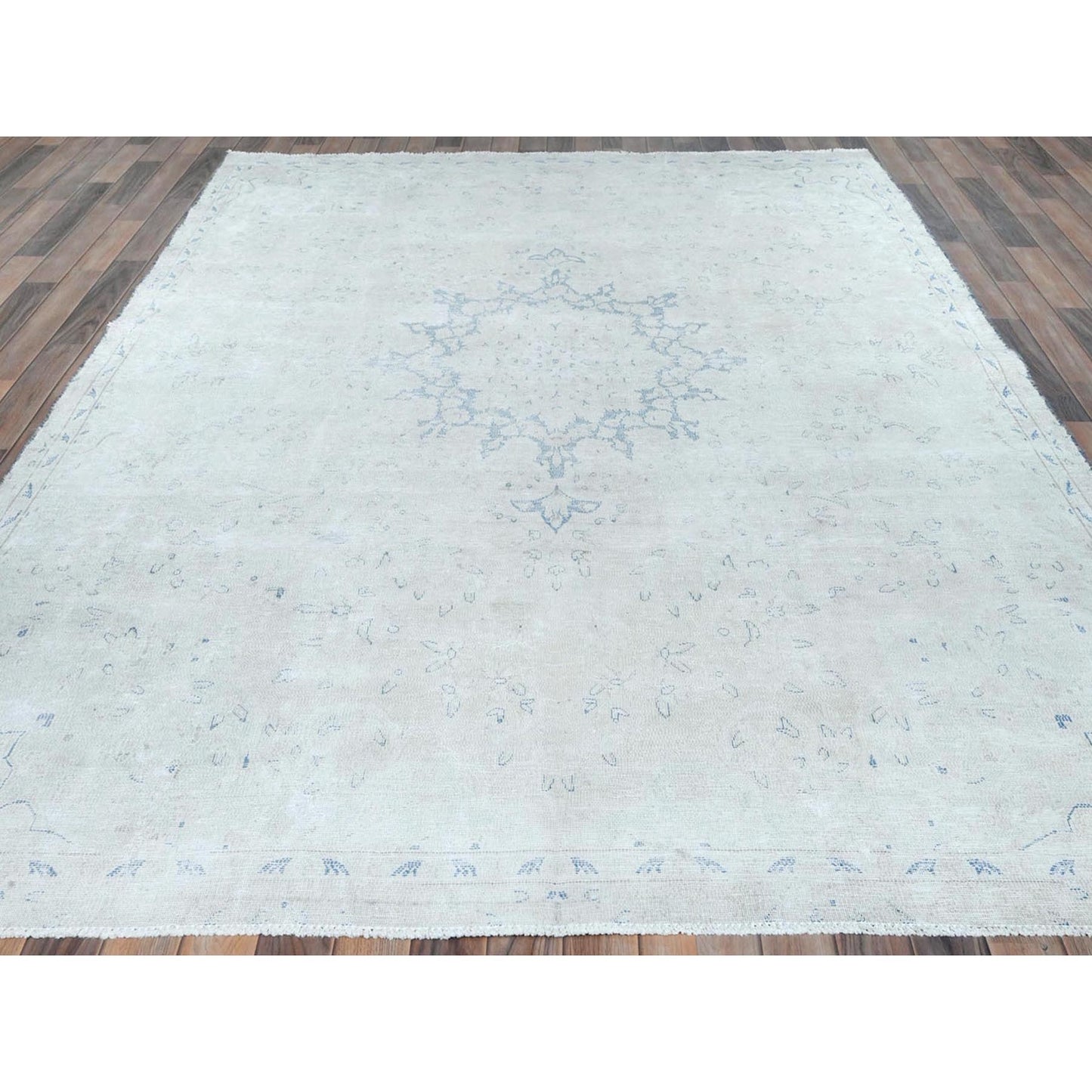 7'2"X10' Blue Old Farsian Hand Knotted Wool Shabby Chic Distressed Rug