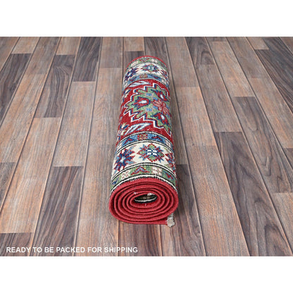 2'1"X6' Red Kazak With Tribal Design Hand Knotted Soft Wool Runner Rug