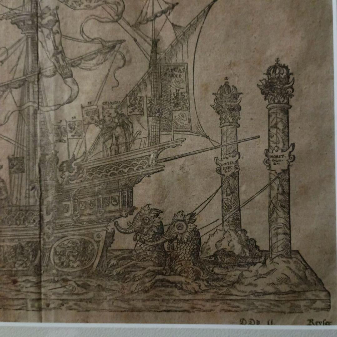 Sebastian Munster Woodcut 1628 Ship Of Emperor Charles V Rare Antique Print