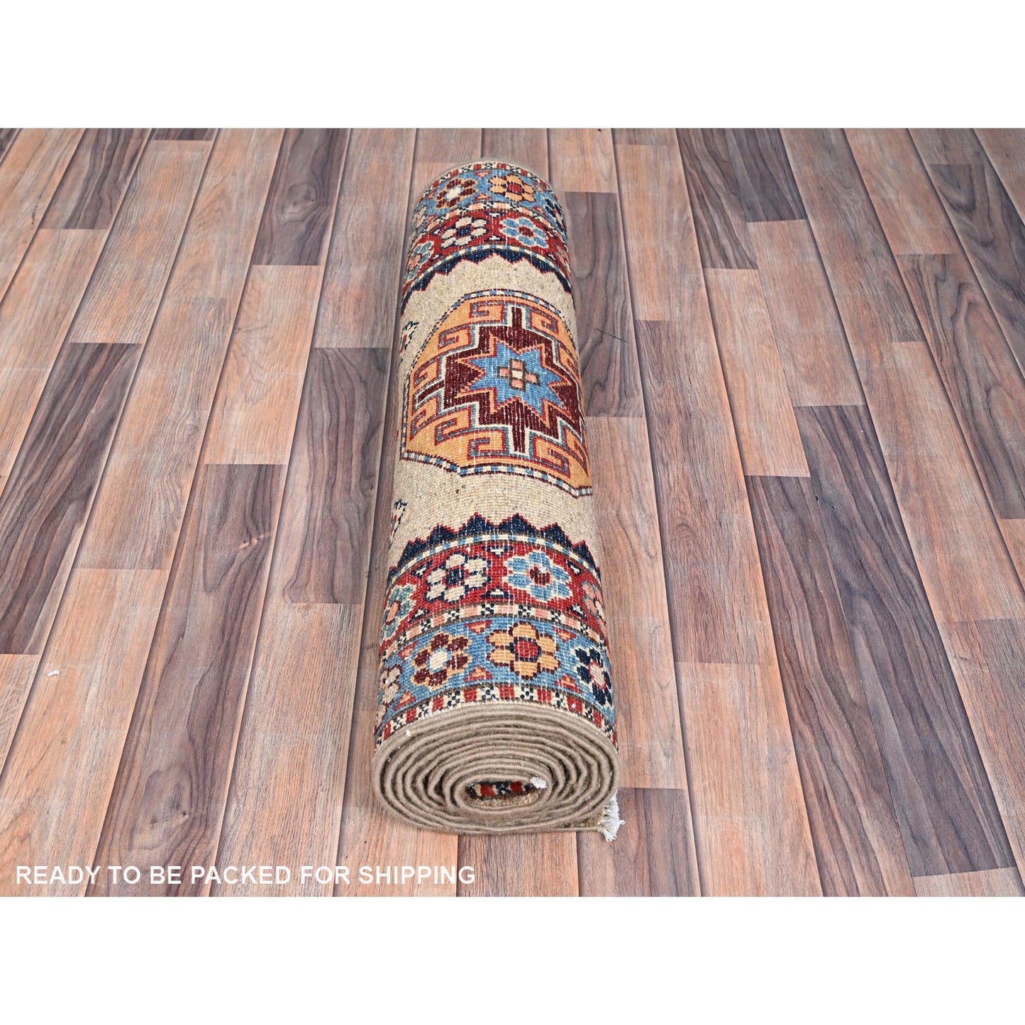 2'7"X9'8" Linen Beige Afghan Special Kazak Wool Hand Knotted Runner Rug