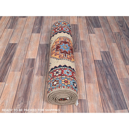 2'7"X9'8" Linen Beige Afghan Special Kazak Wool Hand Knotted Runner Rug