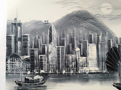 W Chan - Hong Kong Victoria Harbour Original Painting Oil On Canvas Signed